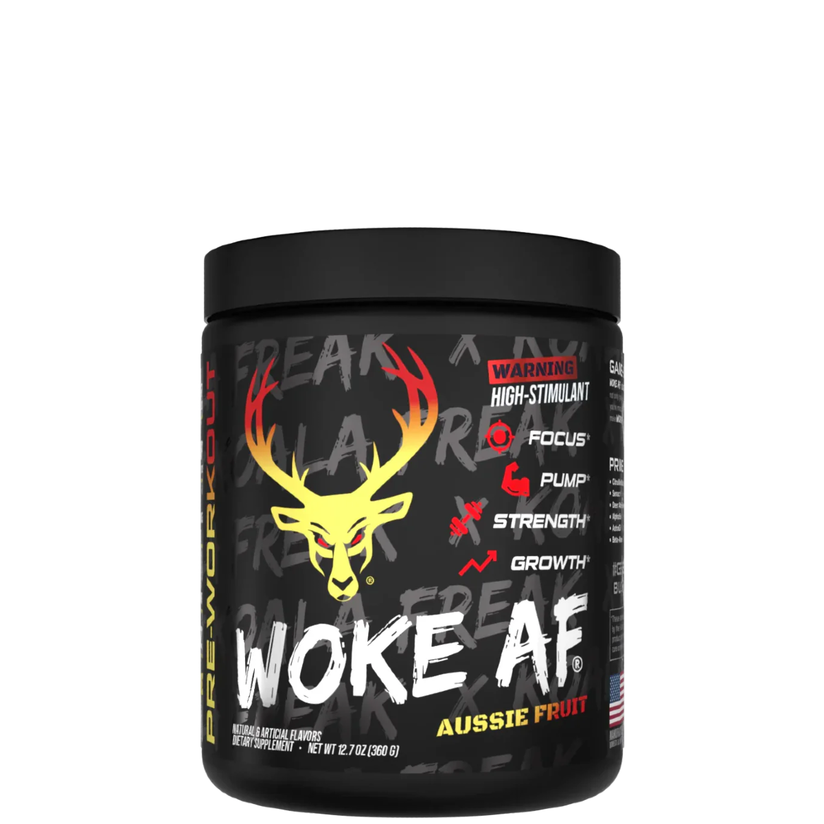 A container of Woke AF pre-workout supplement with a colorful design featuring a deer head and text indicating high stimulant.