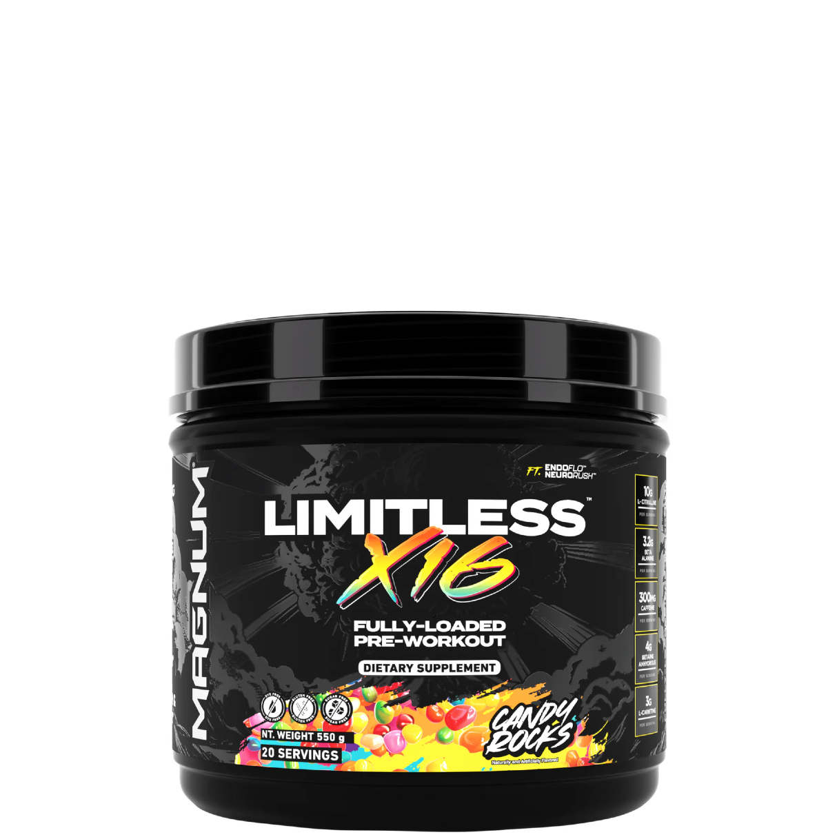 A container of Limitless X16 pre-workout supplement by Magnum with a black and red label, featuring images of fruits and text detailing the product's benefits.