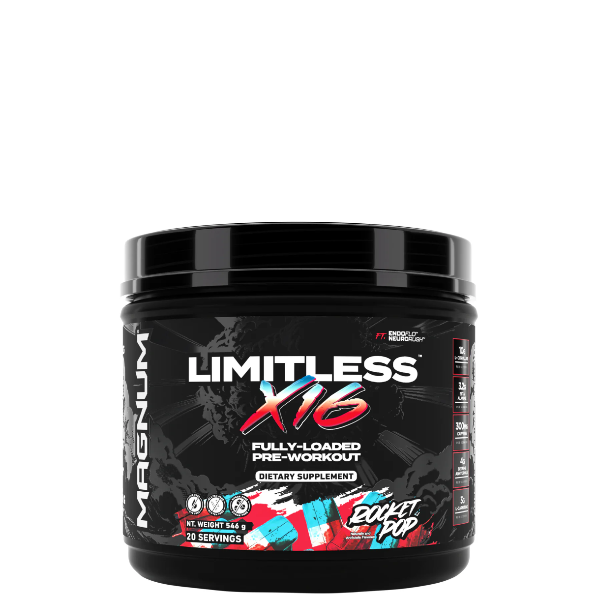 A container of Limitless X16 pre-workout supplement by Magnum with a black and red label, featuring images of fruits and text detailing the product's benefits.