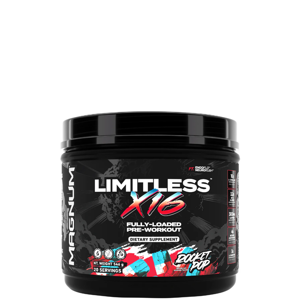 A container of Limitless X16 pre-workout supplement by Magnum with a black and red label, featuring images of fruits and text detailing the product's benefits.