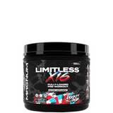 A container of Limitless X16 pre-workout supplement by Magnum with a black and red label, featuring images of fruits and text detailing the product's benefits.