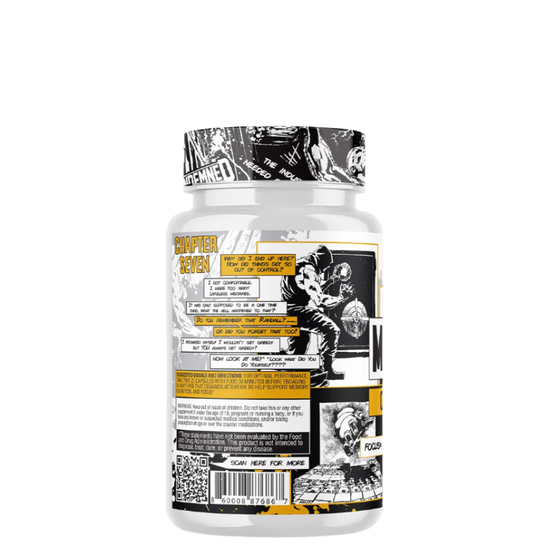A container of MSTRMND Cognitive Support supplement by Condemned Labz with a graphic design on the label.