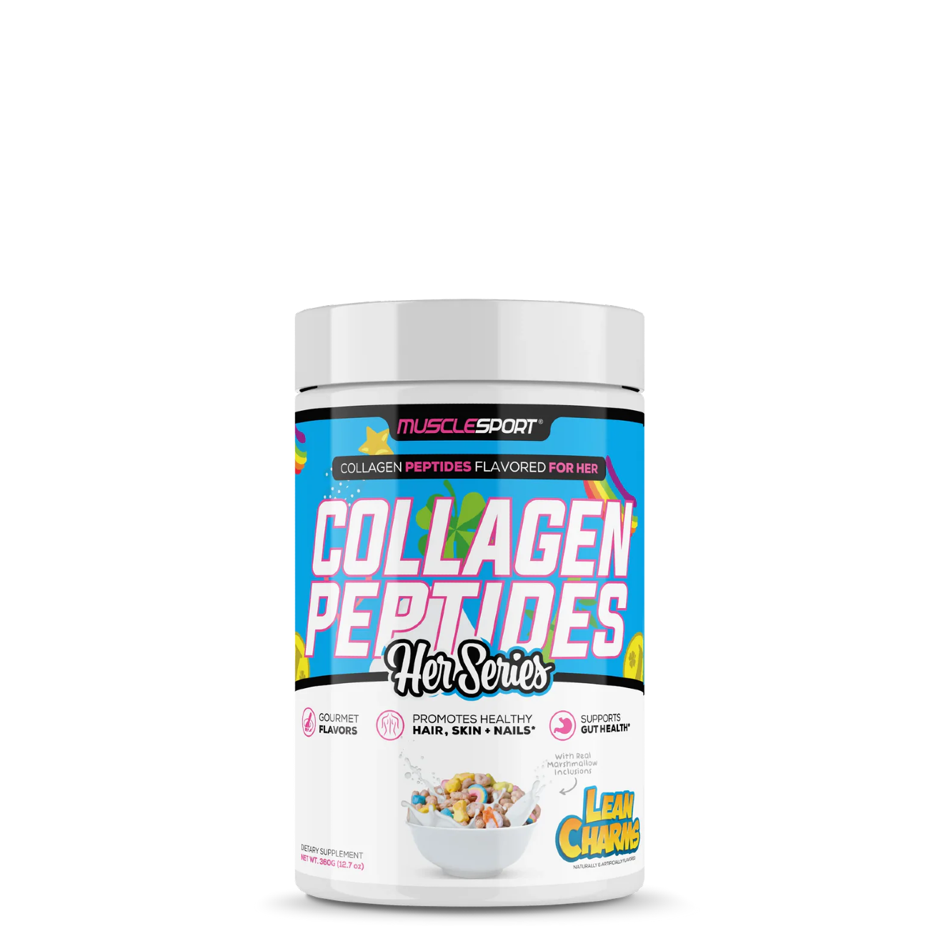 A container of MuscleSport Collagen Peptides, unflavored, with branding and product information on the label.