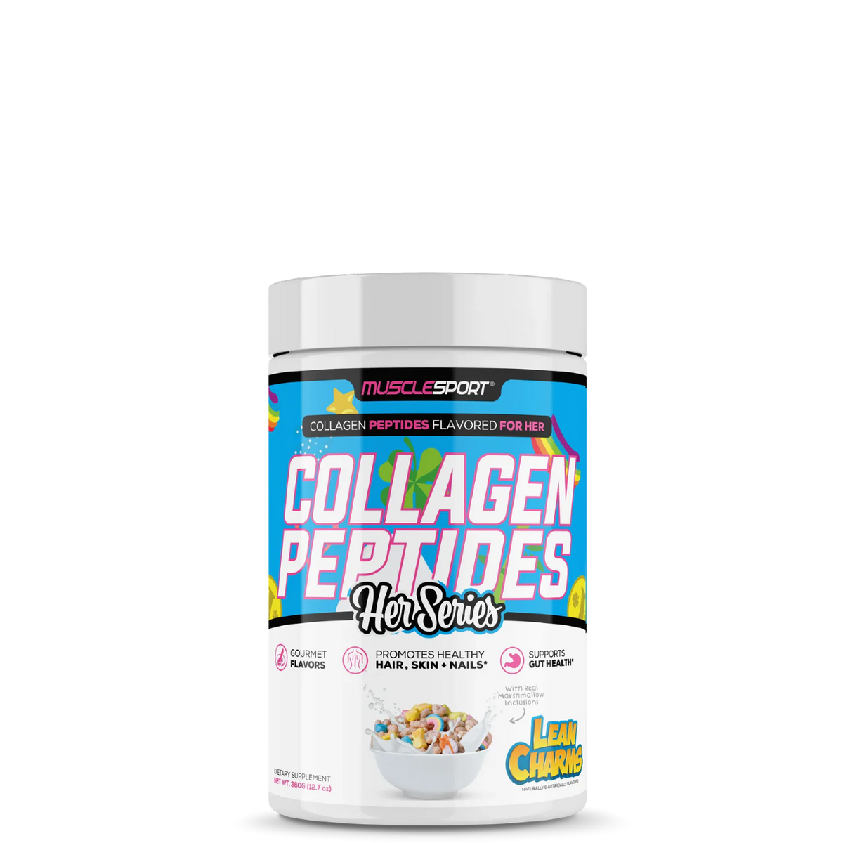 A container of MuscleSport Collagen Peptides, unflavored, with branding and product information on the label.