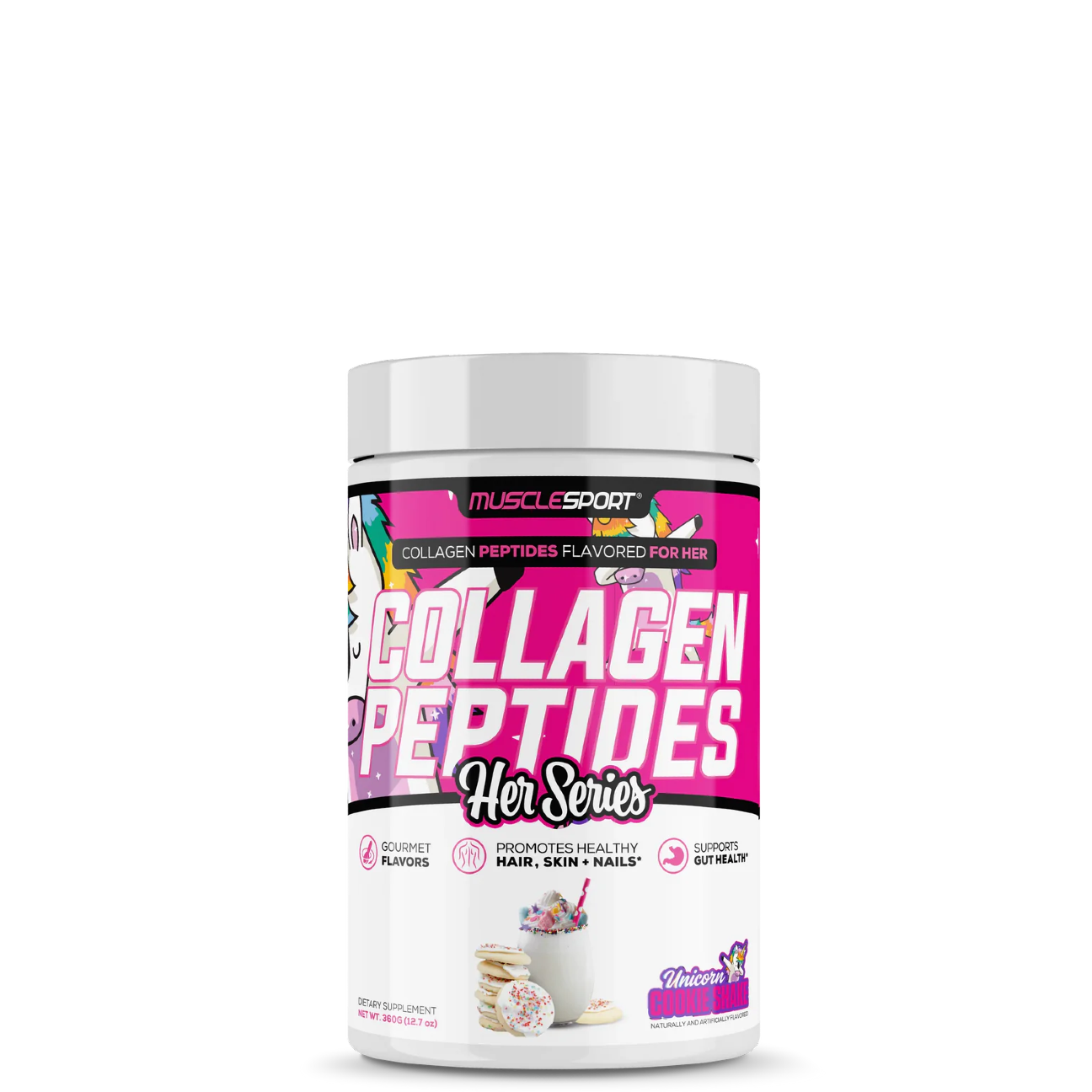 A container of MuscleSport Collagen Peptides, unflavored, with branding and product information on the label.