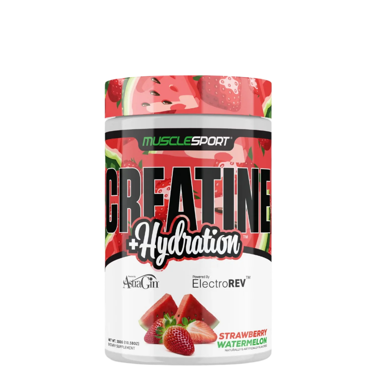 Creatine + Hydration supplement container with watermelon and strawberry design, branded by MuscleSport.