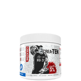 A container of Crea-TEN 10-in-1 Creatine supplement with a graphic of a person lifting weights and text detailing the product's benefits.