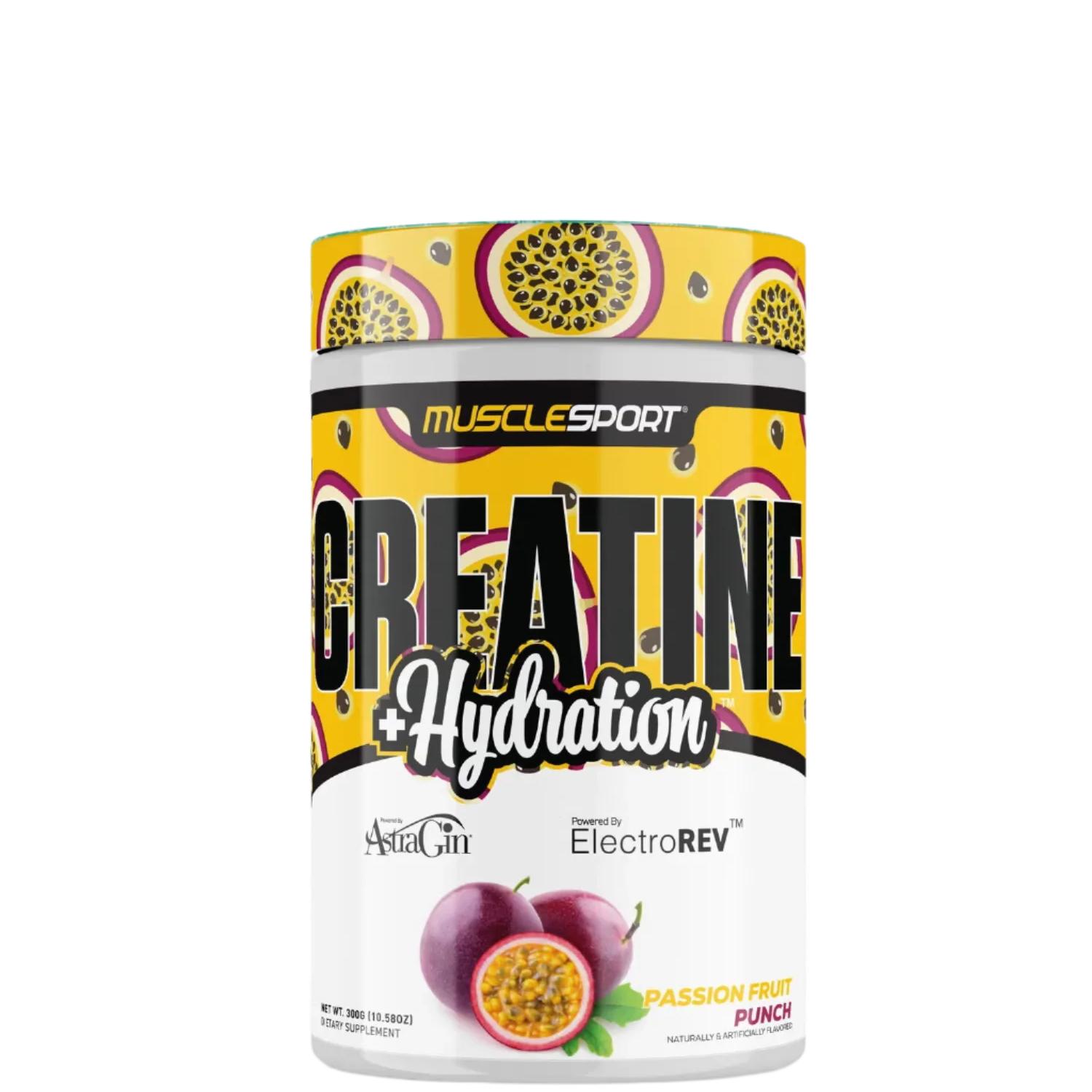 Creatine + Hydration supplement container with watermelon and strawberry design, branded by MuscleSport.