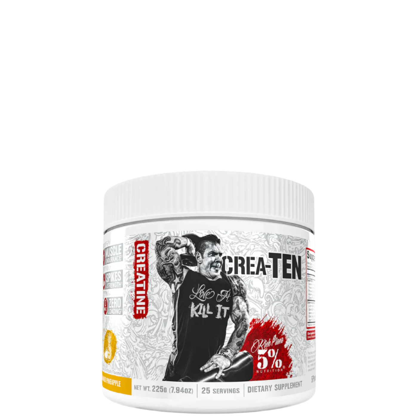 A container of Crea-TEN 10-in-1 Creatine supplement with a graphic of a person lifting weights and text detailing the product's benefits.