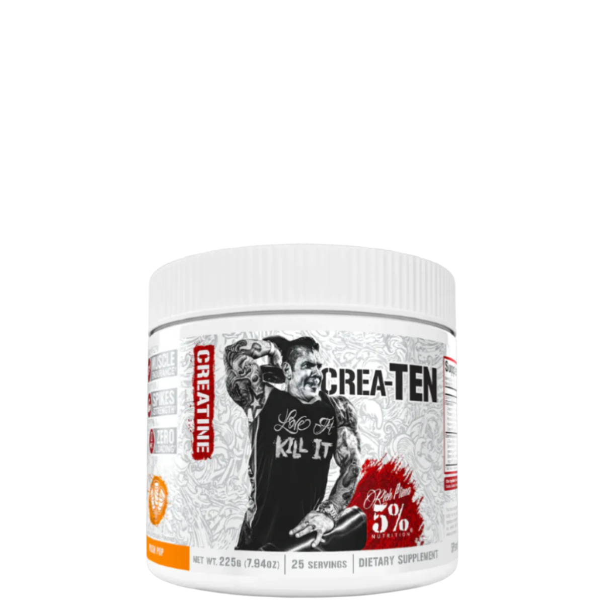 A container of Crea-TEN 10-in-1 Creatine supplement with a graphic of a person lifting weights and text detailing the product's benefits.