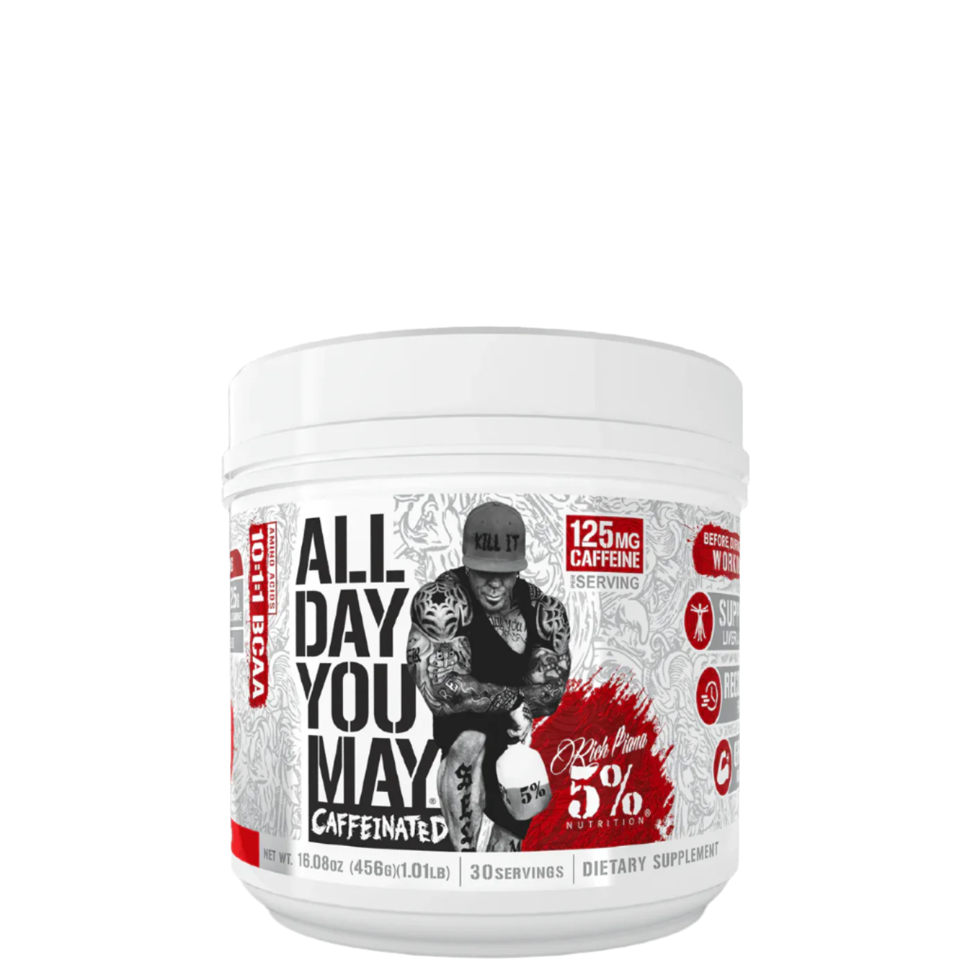 A container of All Day You May Caffeinated BCAA Recovery Drink with a graphic of a person working out and text detailing the product's benefits and ingredients.
