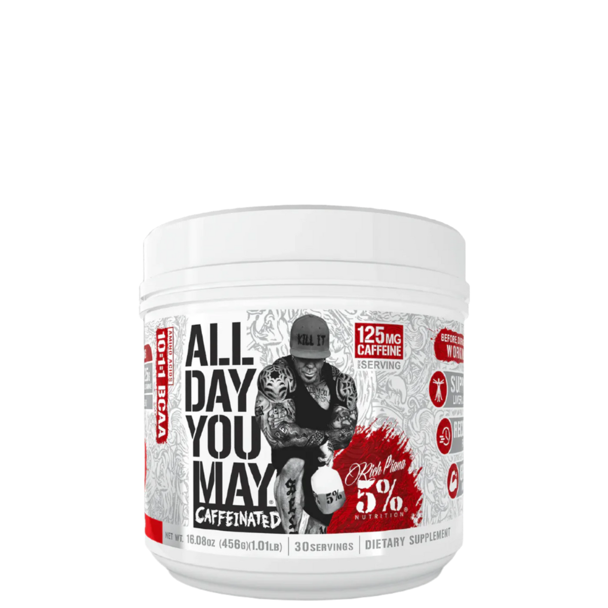 A container of All Day You May Caffeinated BCAA Recovery Drink with a graphic of a person working out and text detailing the product's benefits and ingredients.