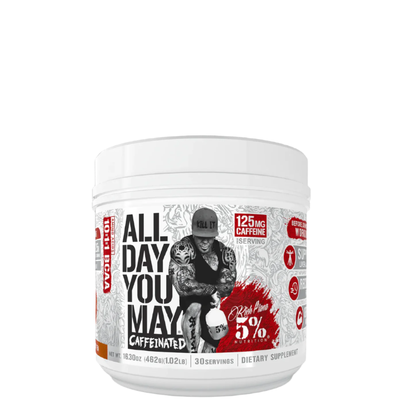 A container of All Day You May Caffeinated BCAA Recovery Drink with a graphic of a person working out and text detailing the product's benefits and ingredients.