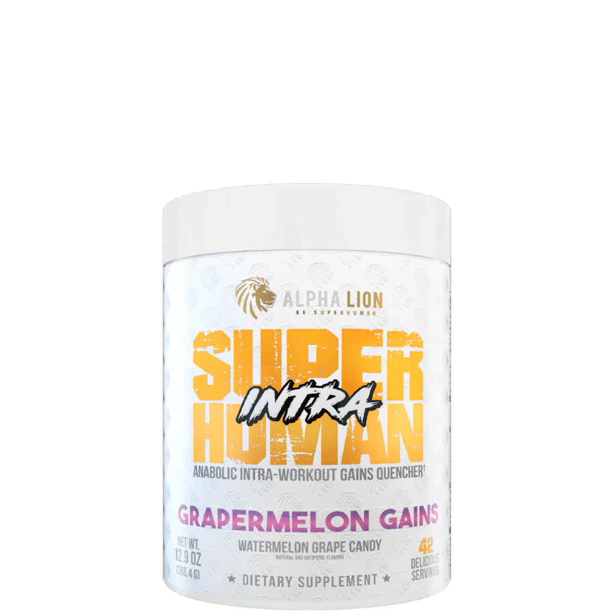 A container of Alpha Lion SuperHuman Intra supplement in Leg Day Limeade flavor, which is a BCAA & EAA supplement intended for workout support.