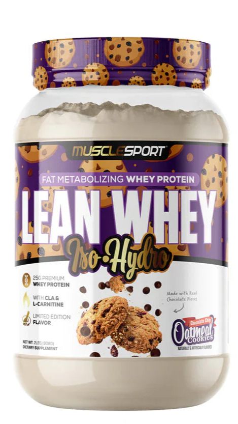 Container of Muscle Sport Lean Whey Iso Hydros protein powder with cookie and chocolate chip design.