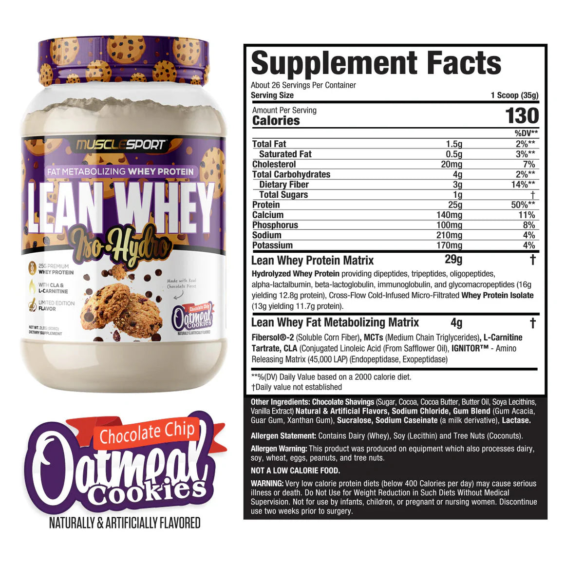 A container of MuscleSport's Lean Whey Iso Hydro Gourmet Protein powder in strawberry ice cream flavor.