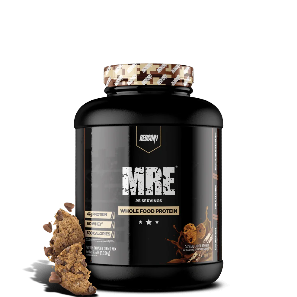 A black plastic container of MRE Whole Food Protein powder with a gold and white label, titled 'MRE WHOLE FOOD PROTEIN' and indicating 25 servings.
