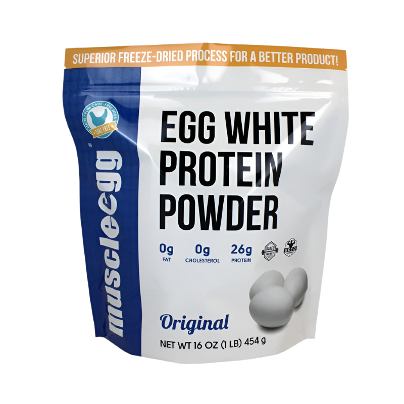 A pouch of MuscleEgg White Protein Powder, with a net weight of 16 oz (1 Lb) 454g, labeled as original, superior, and keto friendly.