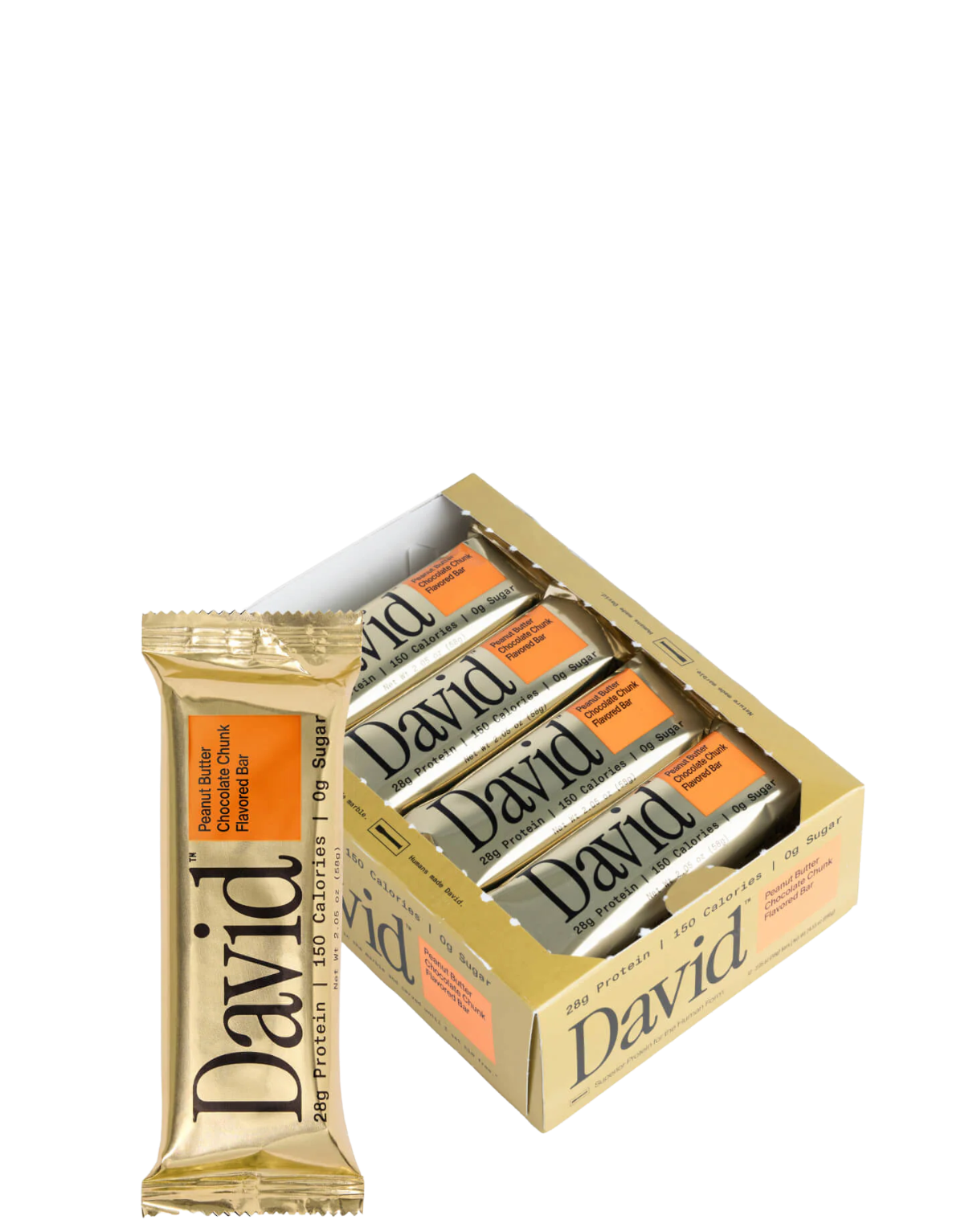 Box of David chocolate bars with a single bar in front on a white background