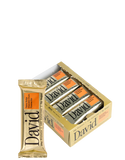 Box of David chocolate bars with a single bar in front on a white background
