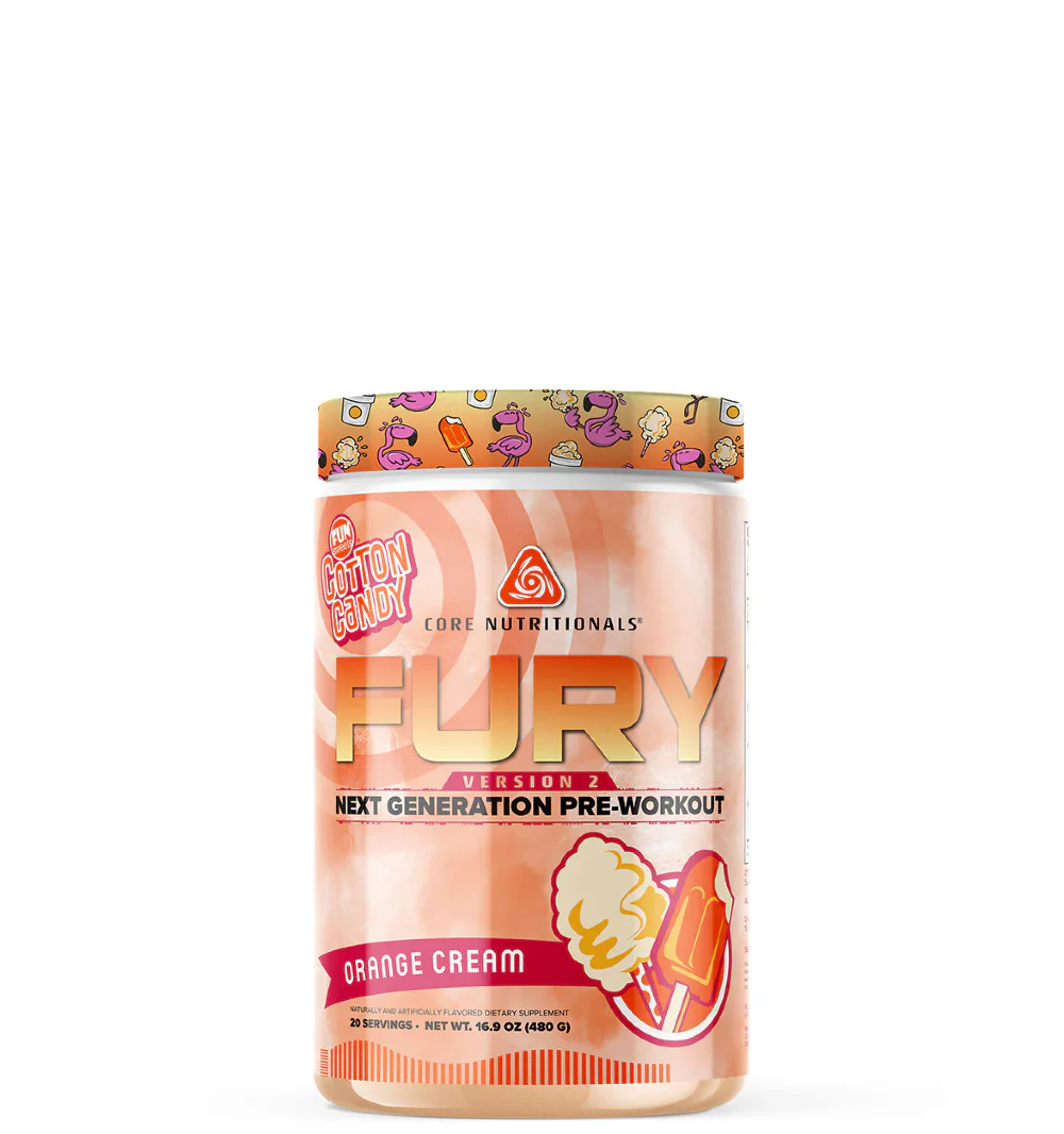 A container of Core Nutritionals FURY v2 pre-workout supplement.