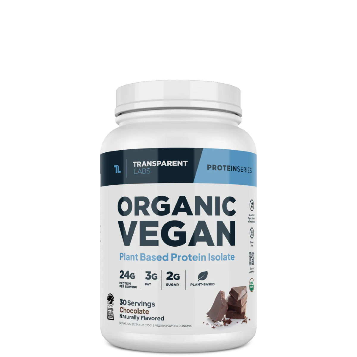A container of Transparent Labs Organic Vegan Protein powder, which is a white powder packaged in a white jar with blue and green label.