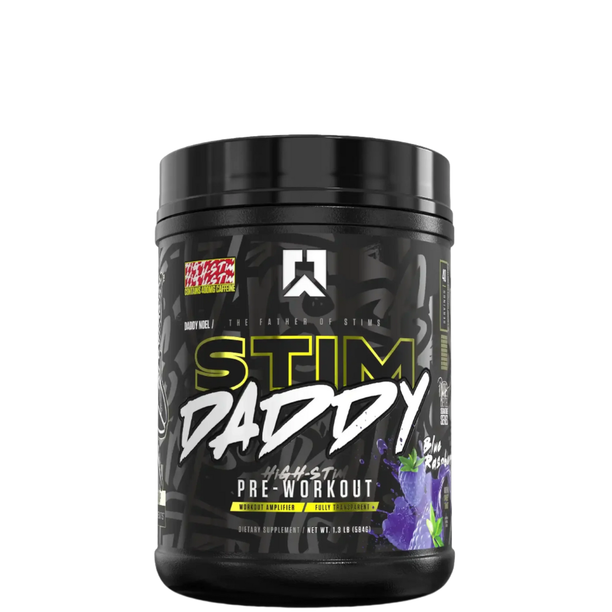 A container of Stim Daddy pre-workout supplement with a predominantly black design featuring yellow and purple accents and text that reads 'High-Stimulant Pre-Workout'.