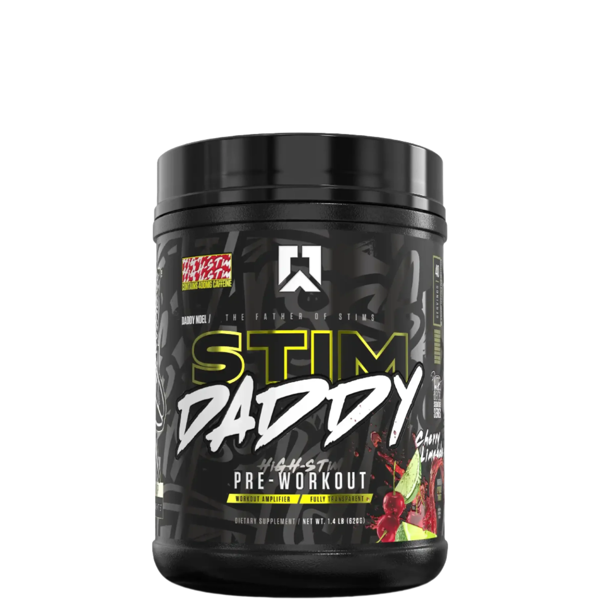 A container of Stim Daddy pre-workout supplement with a predominantly black design featuring yellow and purple accents and text that reads 'High-Stimulant Pre-Workout'.