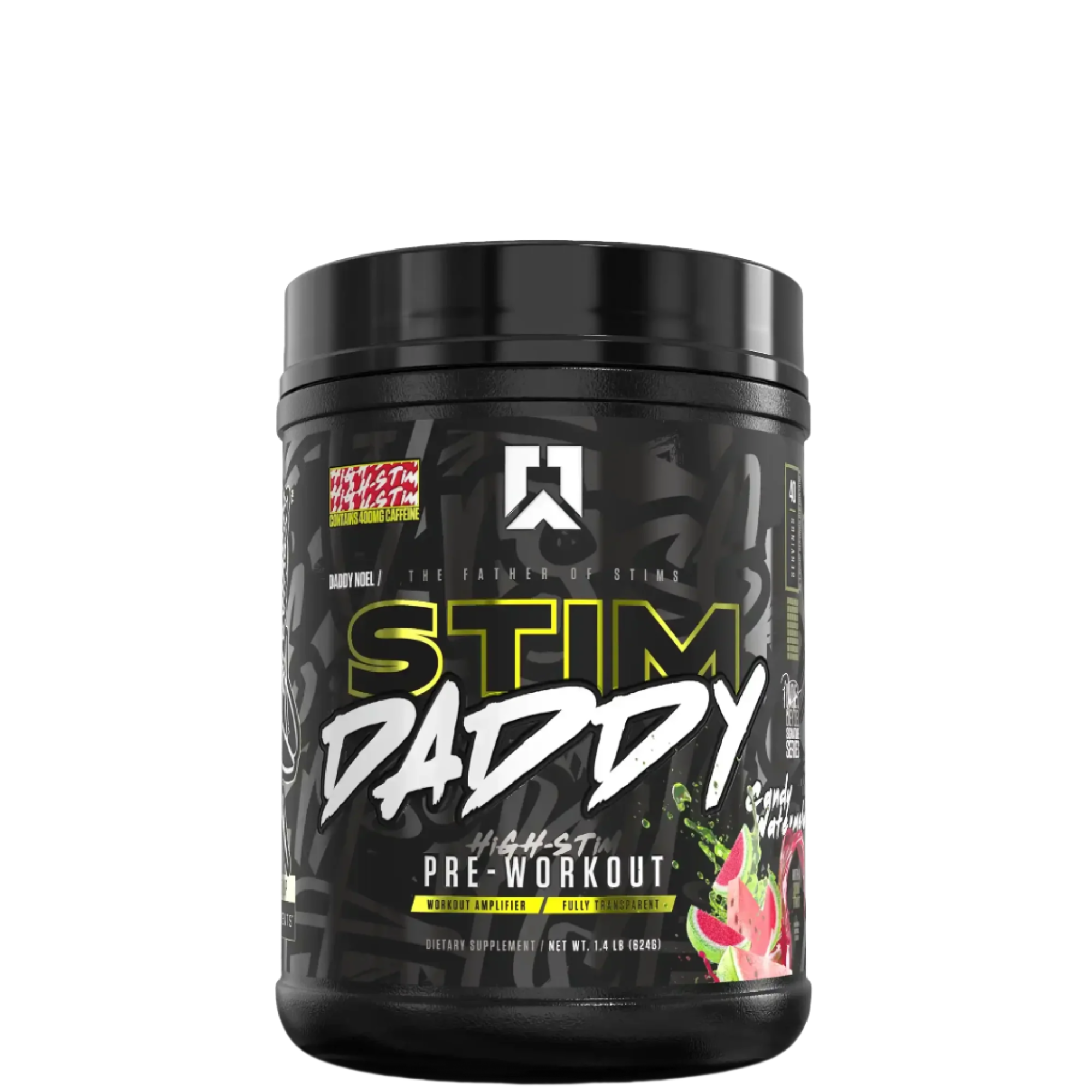 A container of Stim Daddy pre-workout supplement with a predominantly black design featuring yellow and purple accents and text that reads 'High-Stimulant Pre-Workout'.