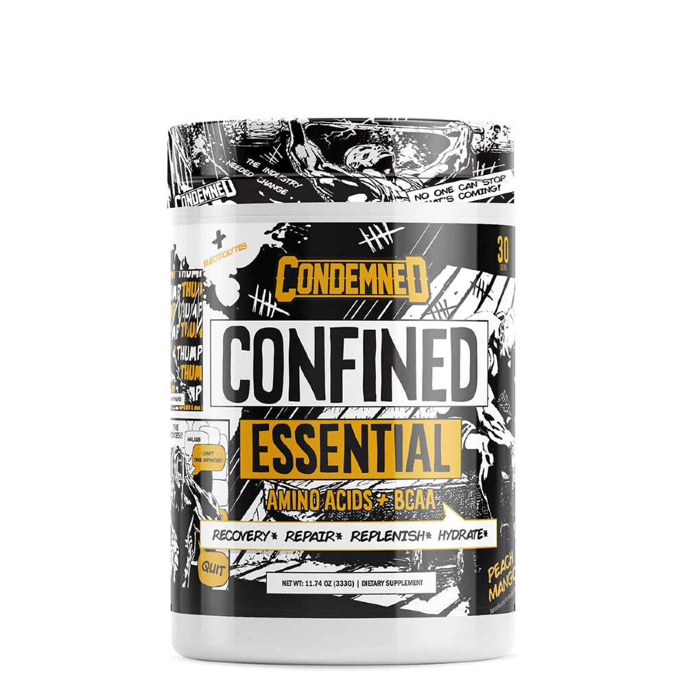 A container of CONFINED EAA + BCAA Regular, with a graphic design that includes text and illustrations related to the product's benefits and contents.