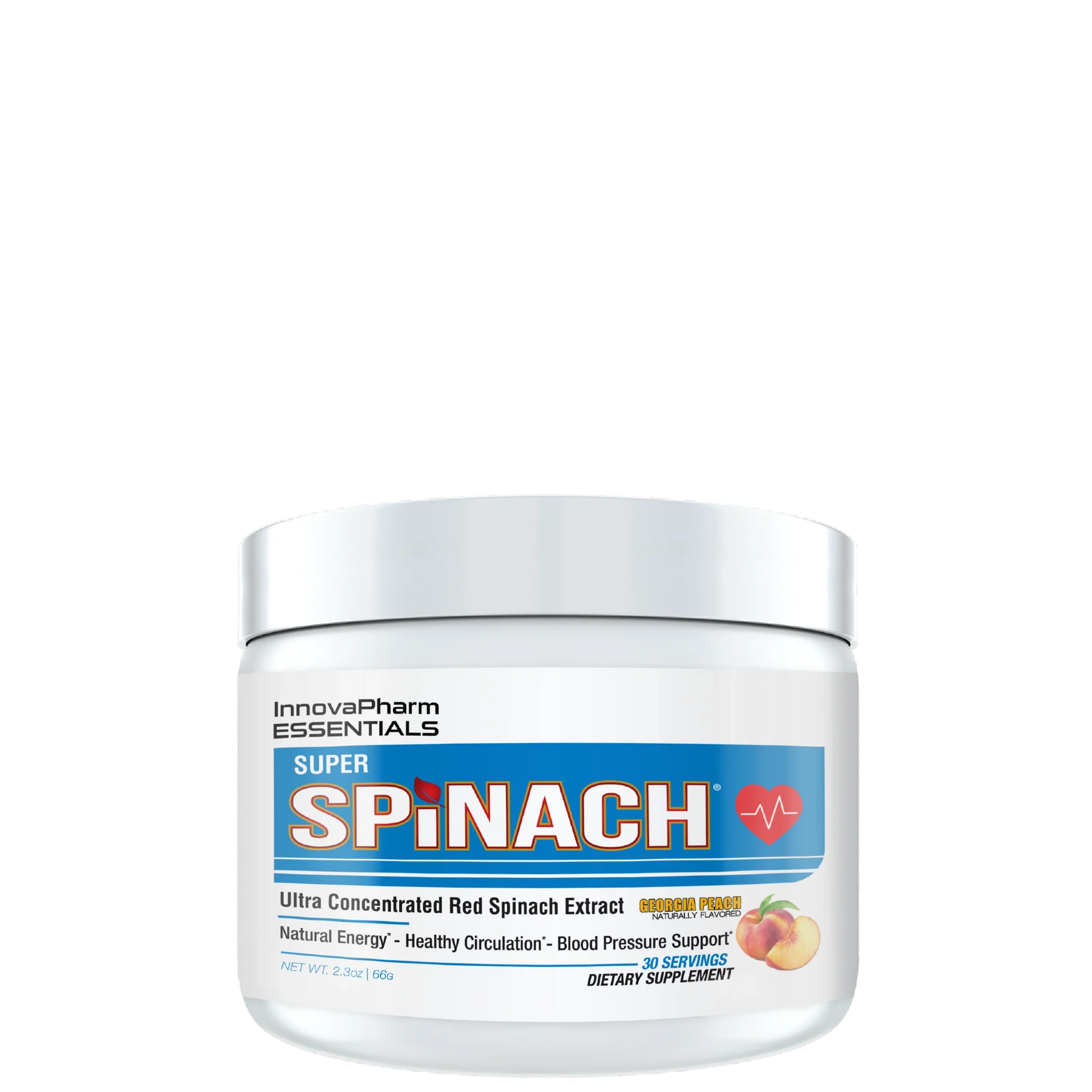 This image features a container of "SUPER SPINACH" by Innovapharm, which is portrayed as a white, cylindrical container with a label that includes vibrant green and red text. The product is described as an ultra-concentrated red spinach extract and promotes various health benefits, including enhancing nitric oxide levels, supporting cardiovascular health, and providing natural energy.