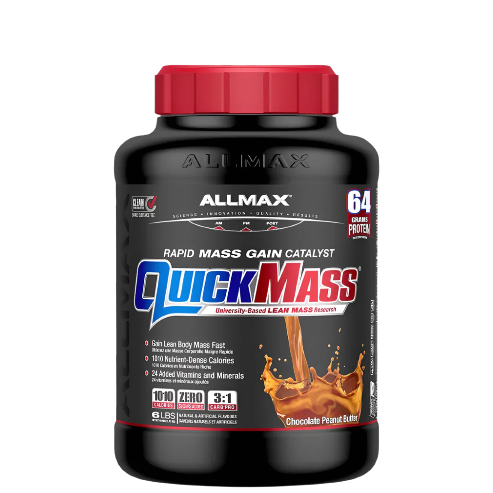 A container of QuickMass mass gainer protein powder by AllMax Nutrition in chocolate flavor.