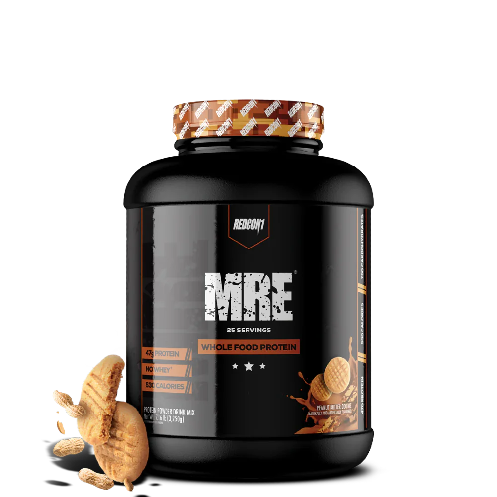 A black plastic container of MRE Whole Food Protein powder with a gold and white label, titled 'MRE WHOLE FOOD PROTEIN' and indicating 25 servings.