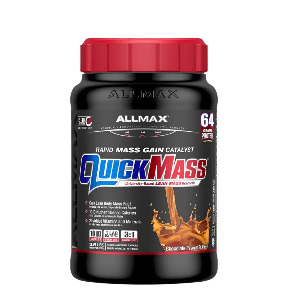 A container of QuickMass mass gainer protein powder by AllMax Nutrition in chocolate flavor.