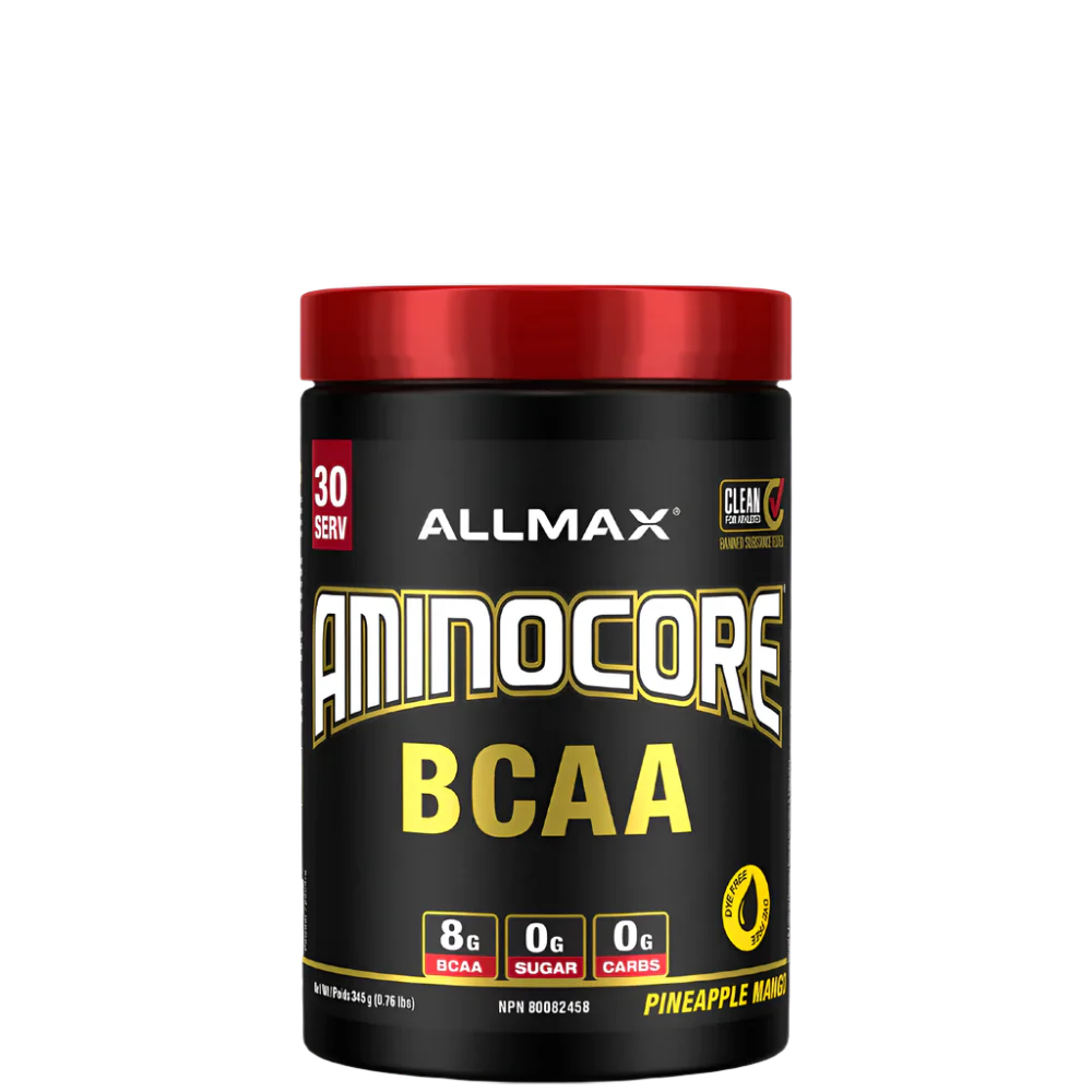 A container of Aminocore BCAA Supplement Powder by ALLMAX in black color with red and pink text, indicating the flavor as Pink Lemonade.