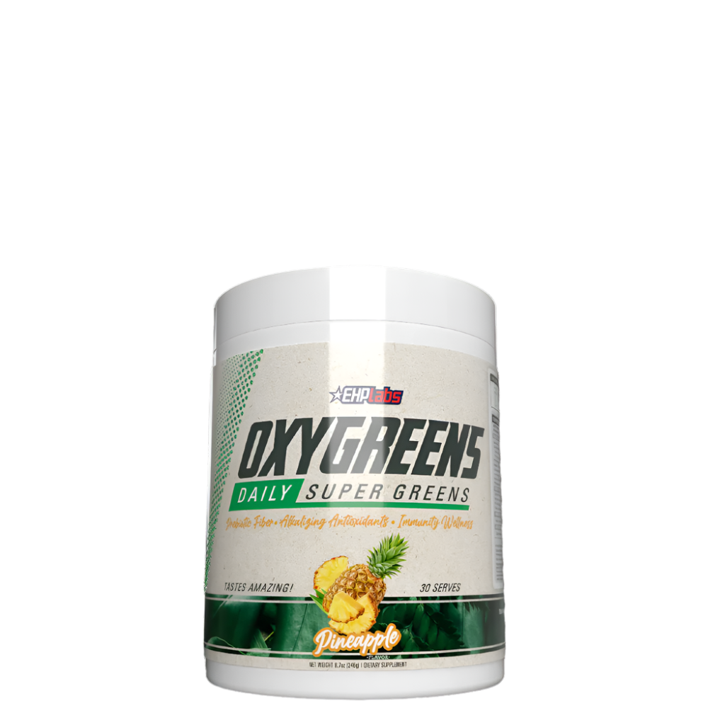 A container of OxyGreens Daily Super Greens Powder with a label showing the product name and images of green vegetables and fruits, indicating it is a healthy wellness supplement.