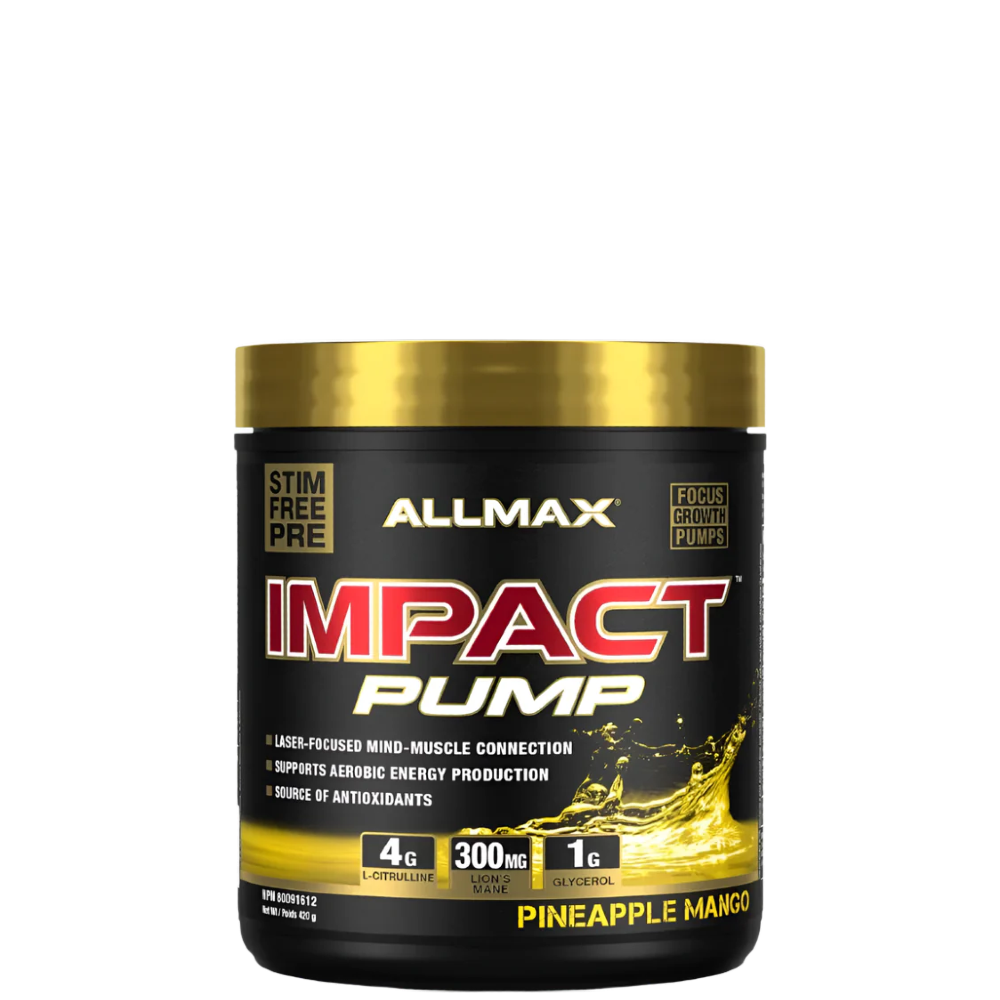 A container of Allmax Impact Pump pre-workout supplement in blue raspberry flavor.