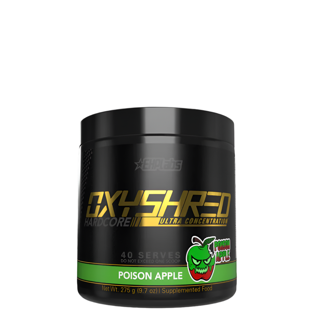 Container of OxyShred Hardcore pre-workout supplement in Poison Apple flavor