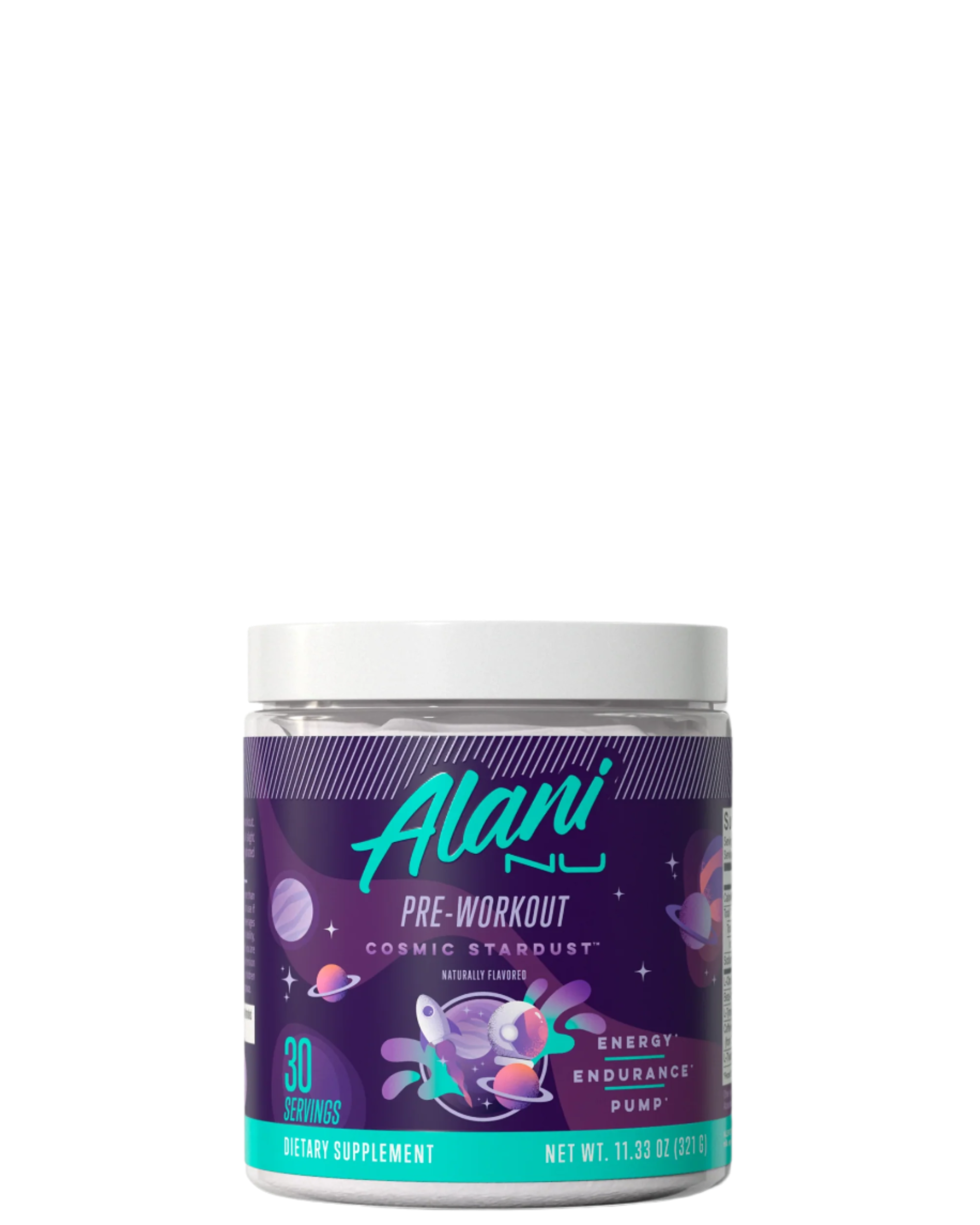 A container of Alani Nu Pre-Workout Powder in Galaxy Lemonade flavor, with pink and purple label design featuring lemonade graphics.
