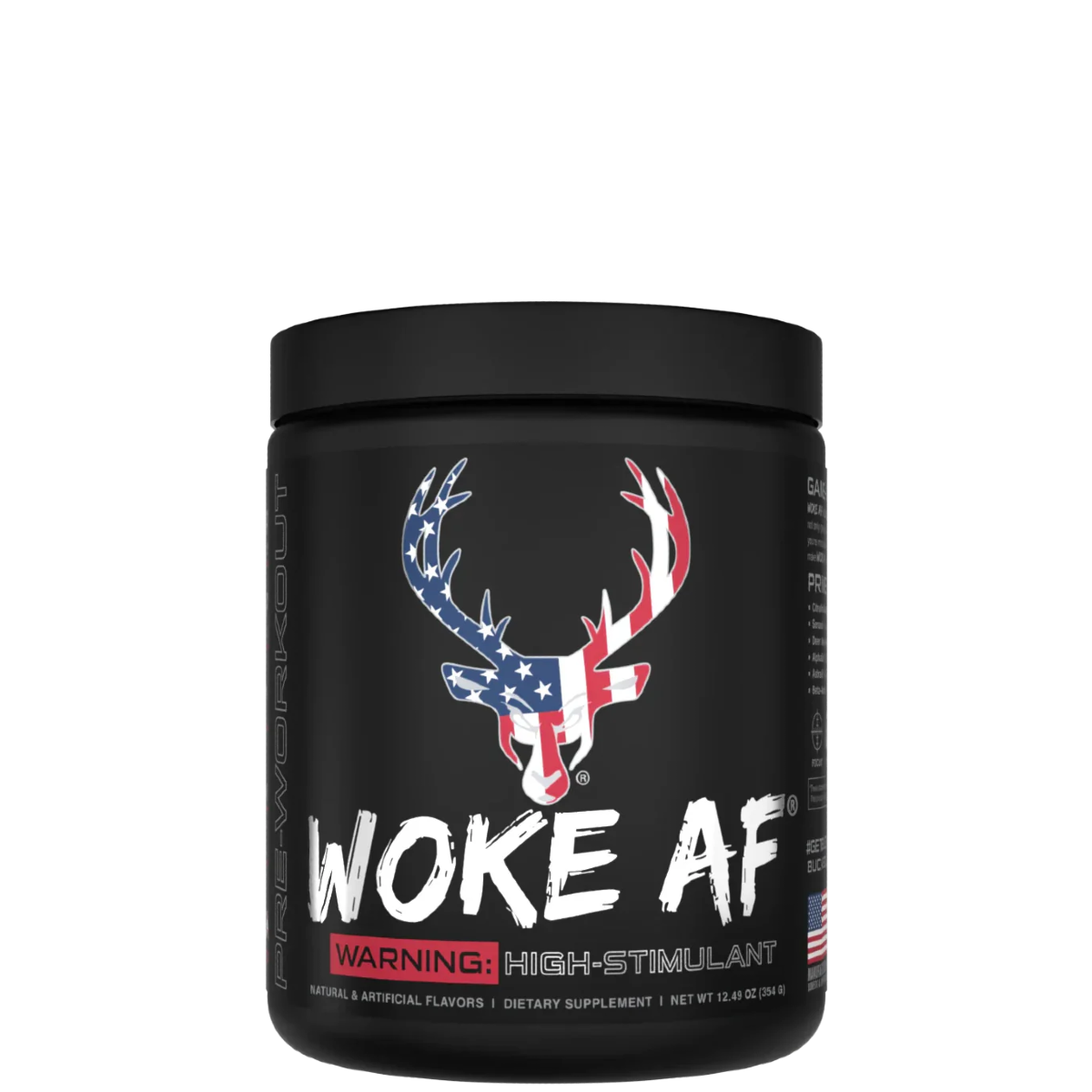 A container of Woke AF pre-workout supplement with a colorful design featuring a deer head and text indicating high stimulant.