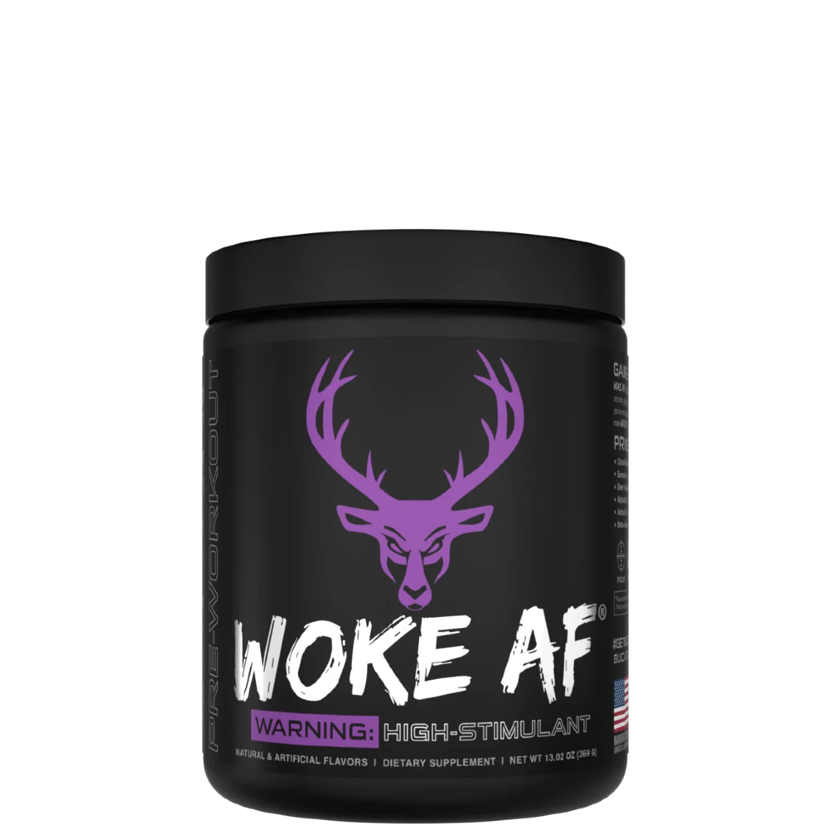A container of Woke AF pre-workout supplement with a colorful design featuring a deer head and text indicating high stimulant.