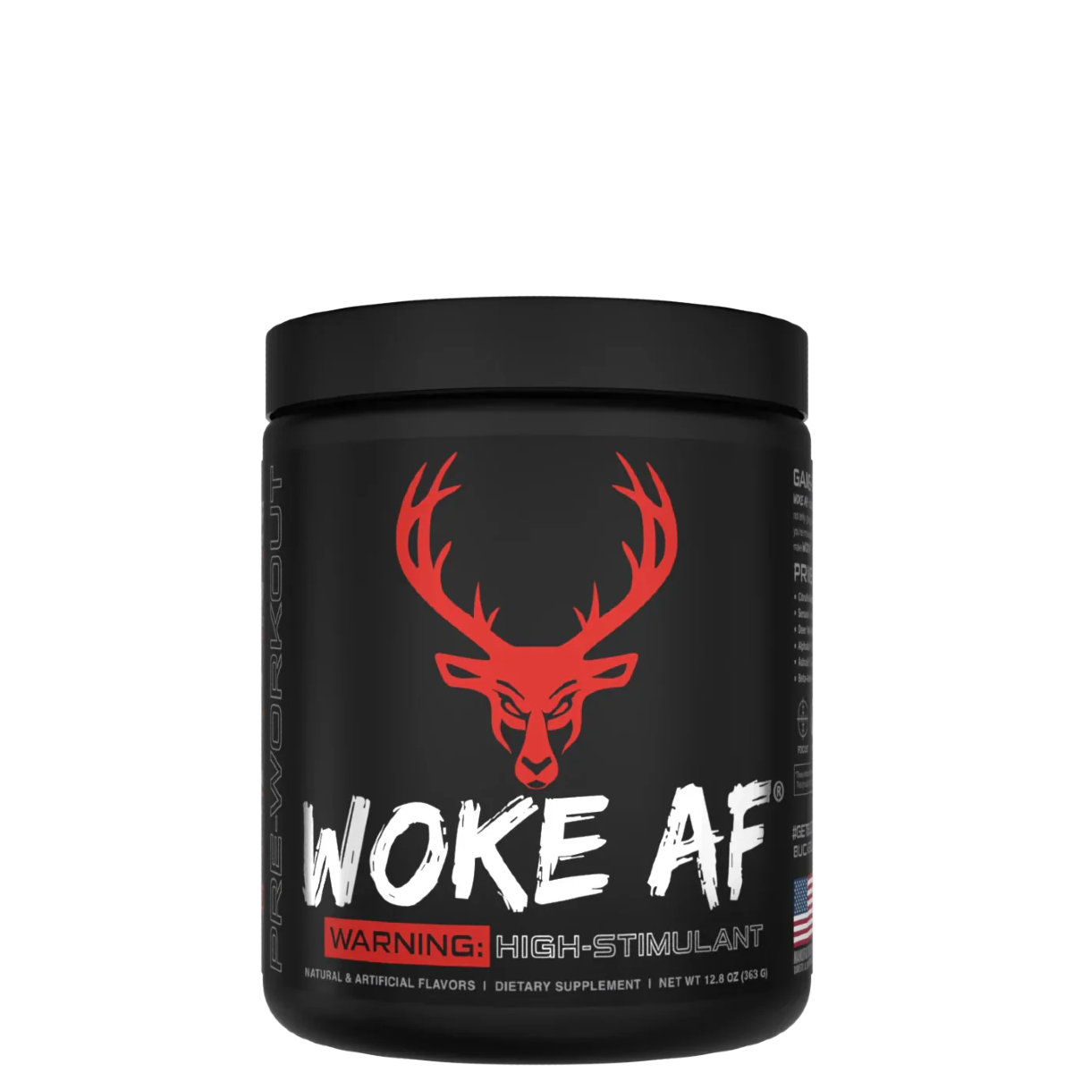 A container of Woke AF pre-workout supplement with a colorful design featuring a deer head and text indicating high stimulant.