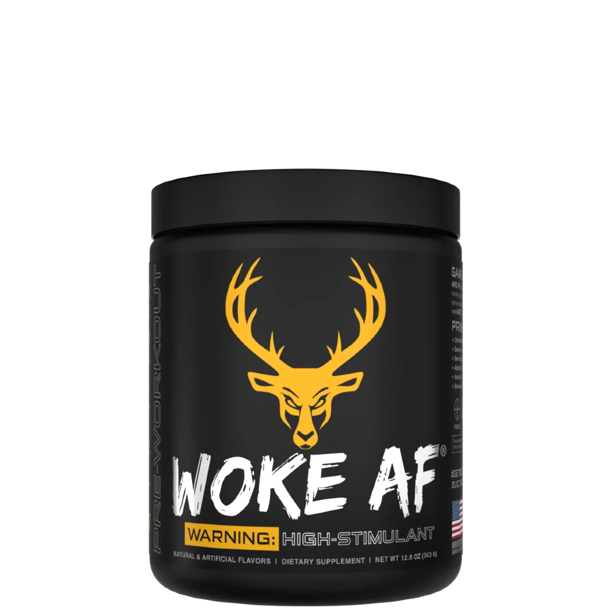 A container of Woke AF pre-workout supplement with a colorful design featuring a deer head and text indicating high stimulant.