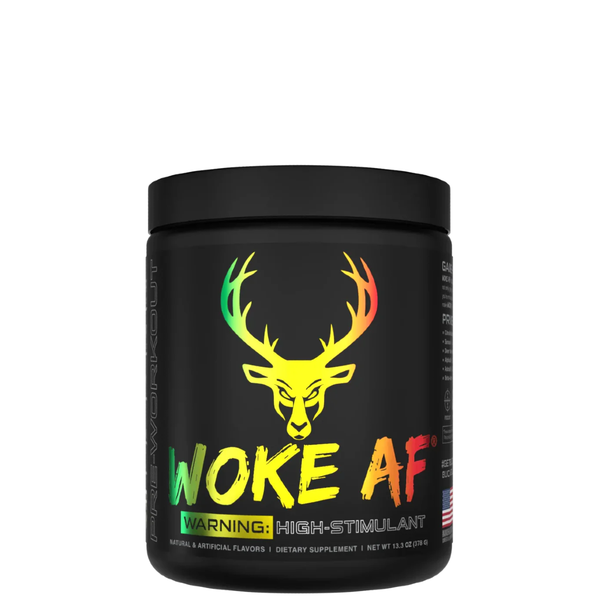 A container of Woke AF pre-workout supplement with a colorful design featuring a deer head and text indicating high stimulant.