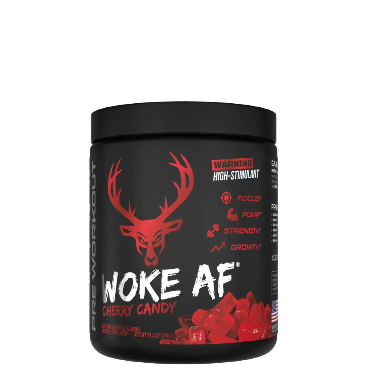 A container of Woke AF pre-workout supplement with a colorful design featuring a deer head and text indicating high stimulant.