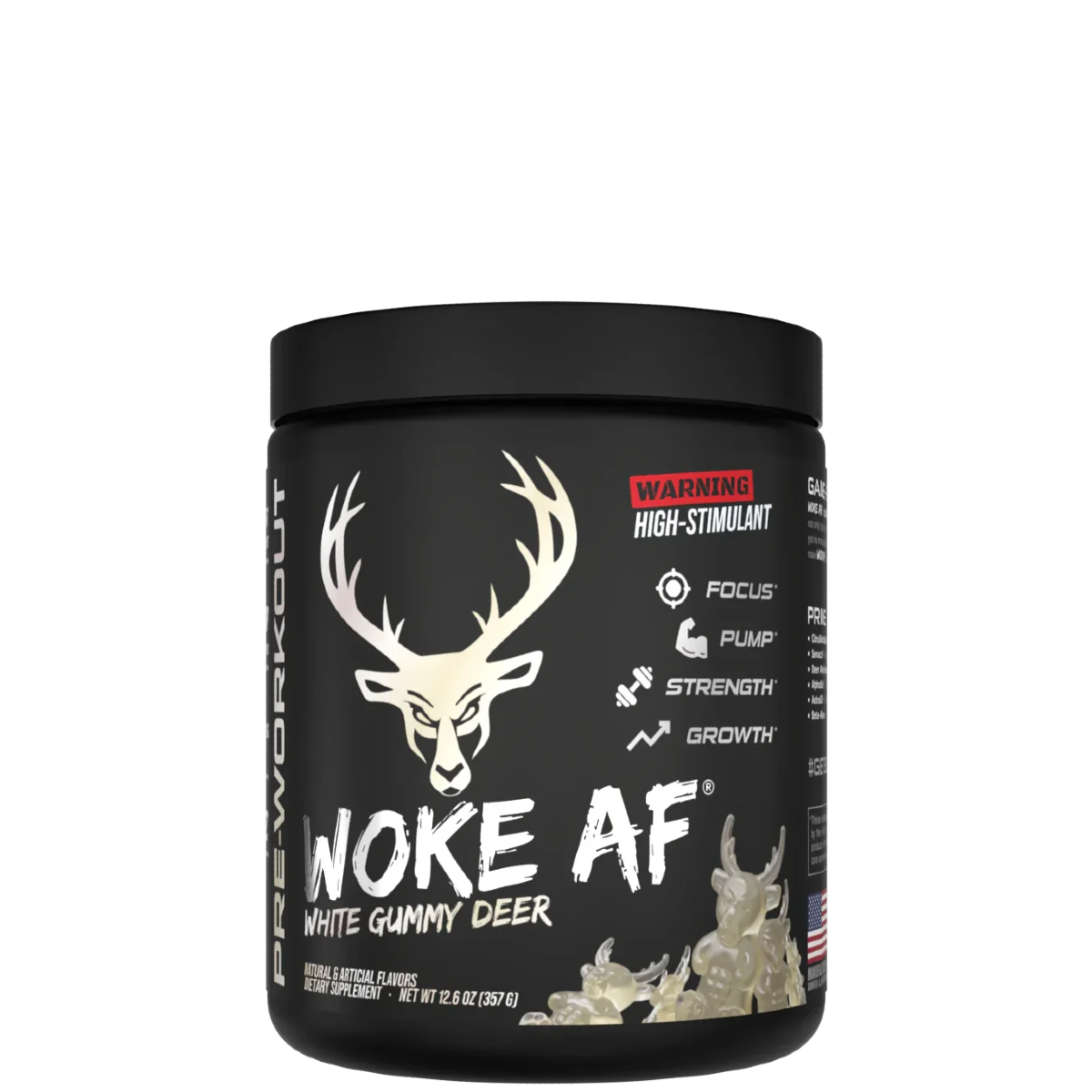 A container of Woke AF pre-workout supplement with a colorful design featuring a deer head and text indicating high stimulant.