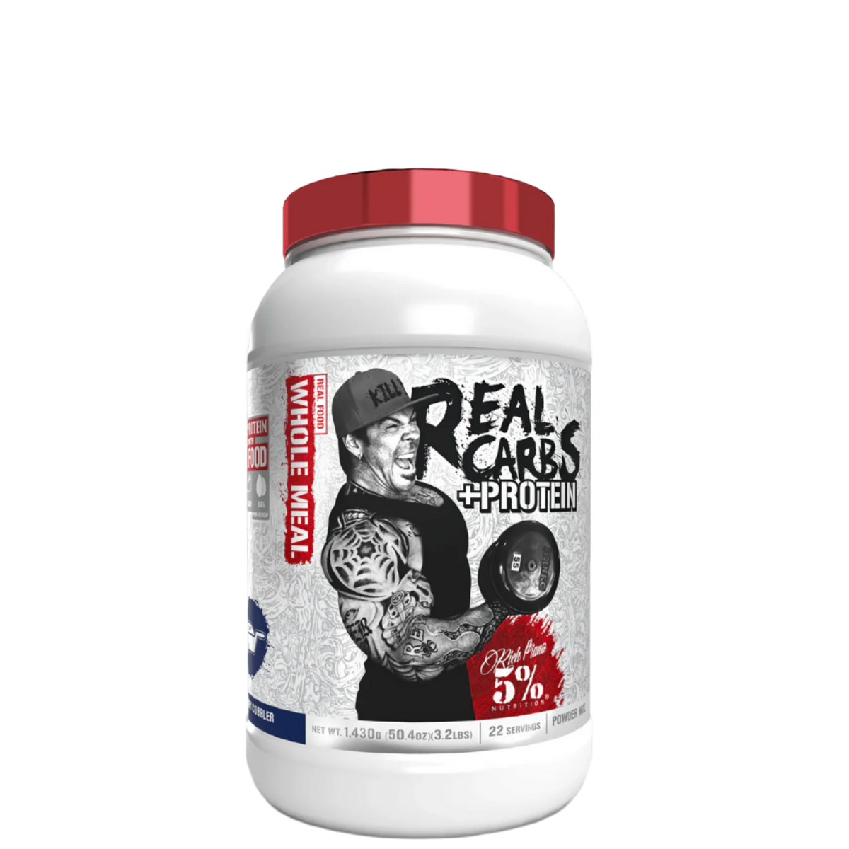 A container of 5% Nutrition Real Carbs + Protein powder with a graphic of a bodybuilder on the label.