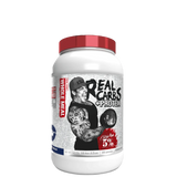A container of 5% Nutrition Real Carbs + Protein powder with a graphic of a bodybuilder on the label.