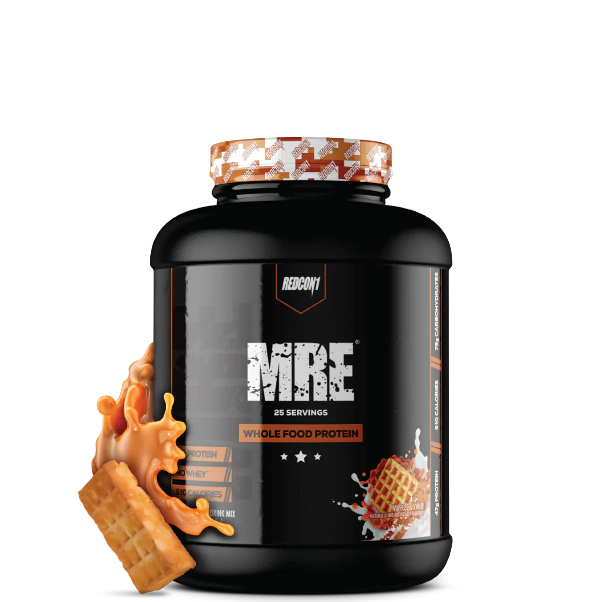 A black plastic container of MRE Whole Food Protein powder with a gold and white label, titled 'MRE WHOLE FOOD PROTEIN' and indicating 25 servings.