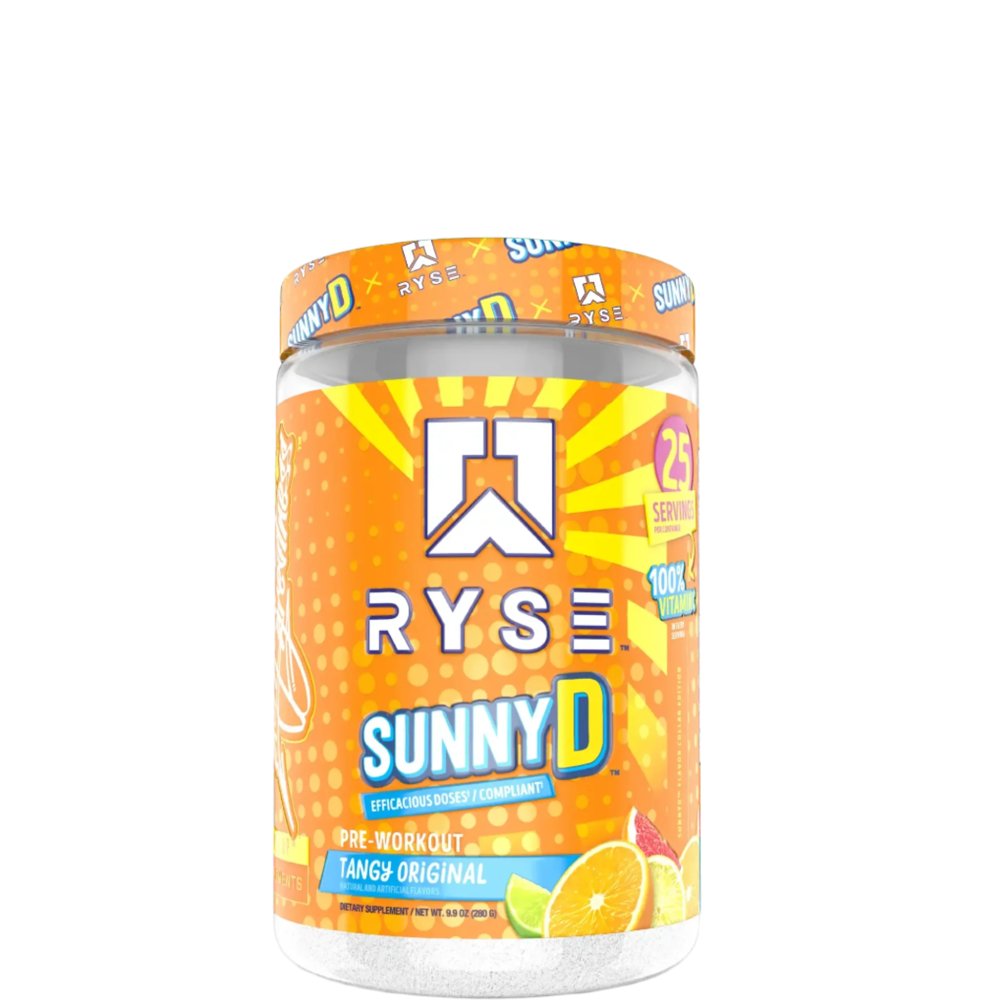 A container of Ryse SunnyD flavor pre-workout supplement with a colorful design featuring orange and yellow tones.